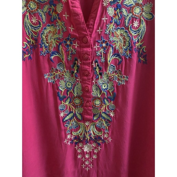 Luna Moon Hot Pink Boho Tunic Floral Embroidered Blouse Half Button Light Size L - Picture 2 of 16
